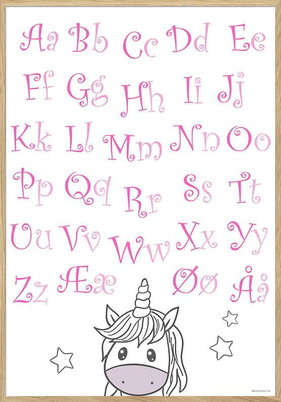Billede af ABC plakat med enhjørning og krøllede bogstaver