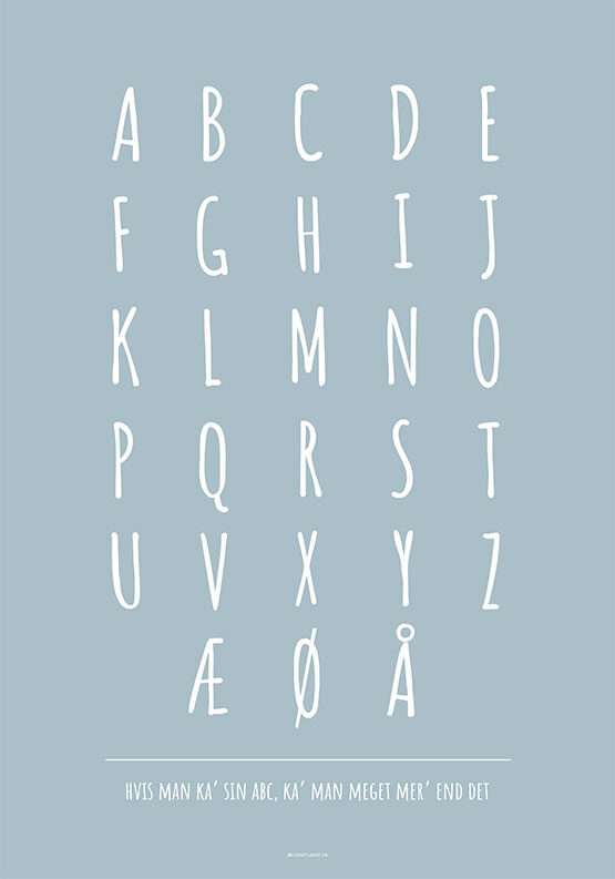 ABC plakat med hvide bogstaver og baggrund