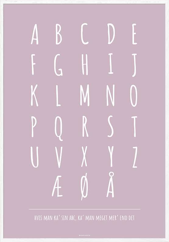 ABC plakat med hvide bogstaver på farvet baggrund