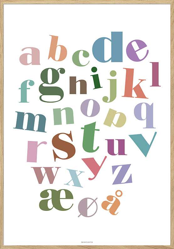Farverig alfabetplakat med skæve bogstaver