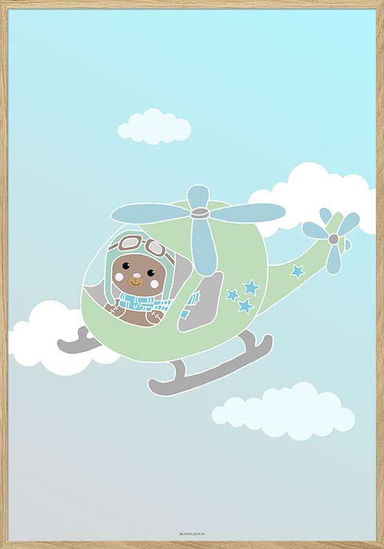 Billede af Børneplakat med helikopter og teddybjørn