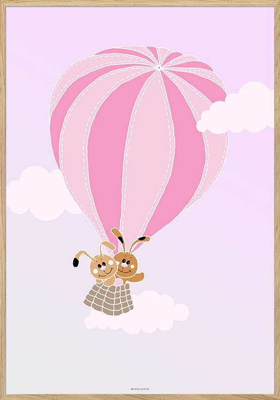 Plakat med et par kaniner i luftballon til pige
