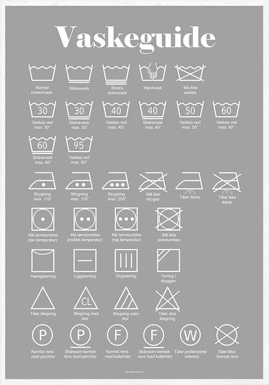 Grå vaskeplakat med vaskeanvisning og symboler 