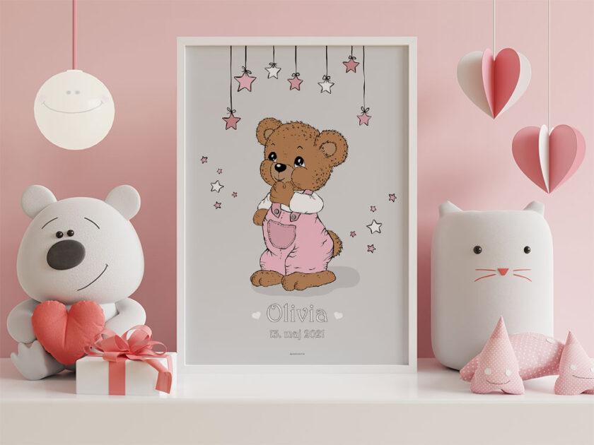 Fødselsplakat med bamse og stjerner til pige