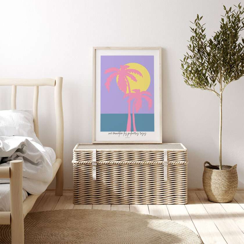 Kunstplakat med to lyserøde palmer