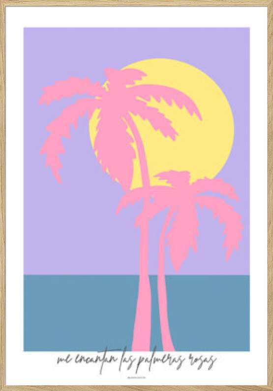 Kunstplakat med to lyserøde palmer