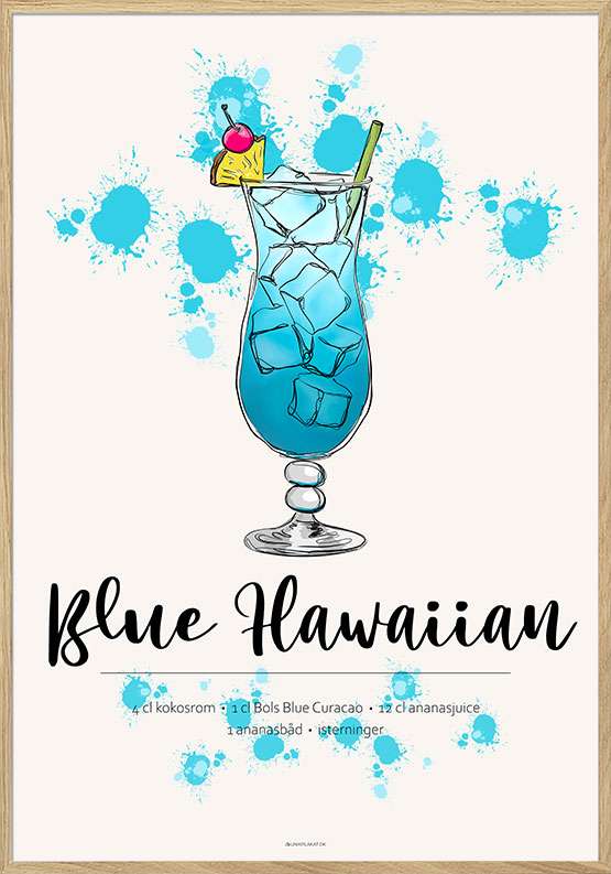 Drink opskrift på Blue Hawaiian som plakat