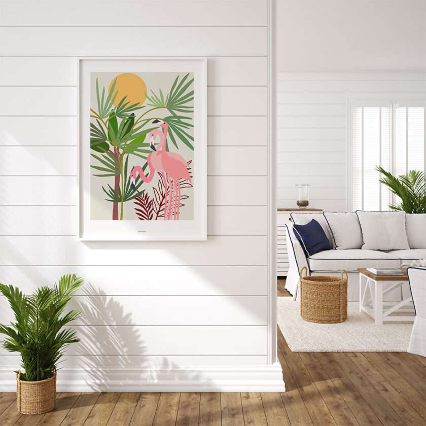 Plakat med flamingoer i sommerhus