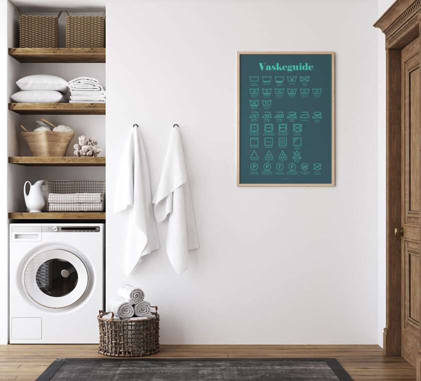 Blå vaskeguide med vaskeanvisninger og symboler