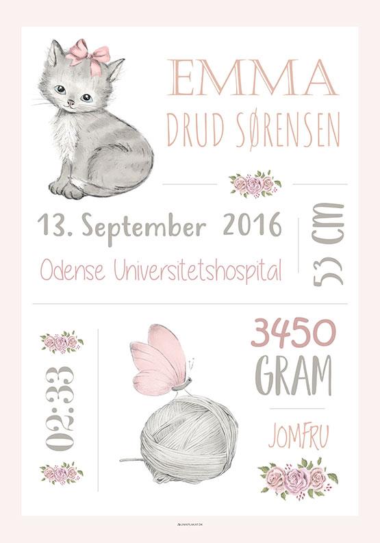 Overleve spontan Ruckus Dåbstavle med kat - Personlig fødselsplakat til den lille pige | Unik Plakat