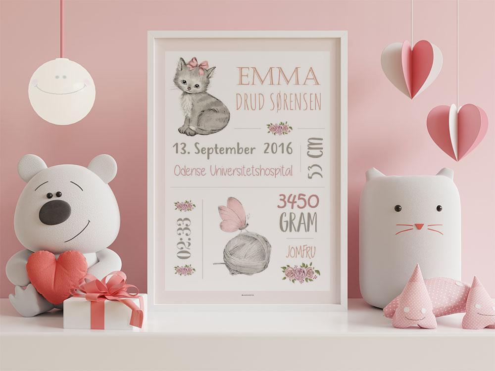 Overleve spontan Ruckus Dåbstavle med kat - Personlig fødselsplakat til den lille pige | Unik Plakat