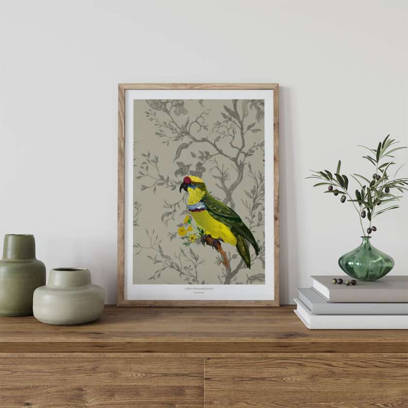 Grafisk plakat med gul papegøje