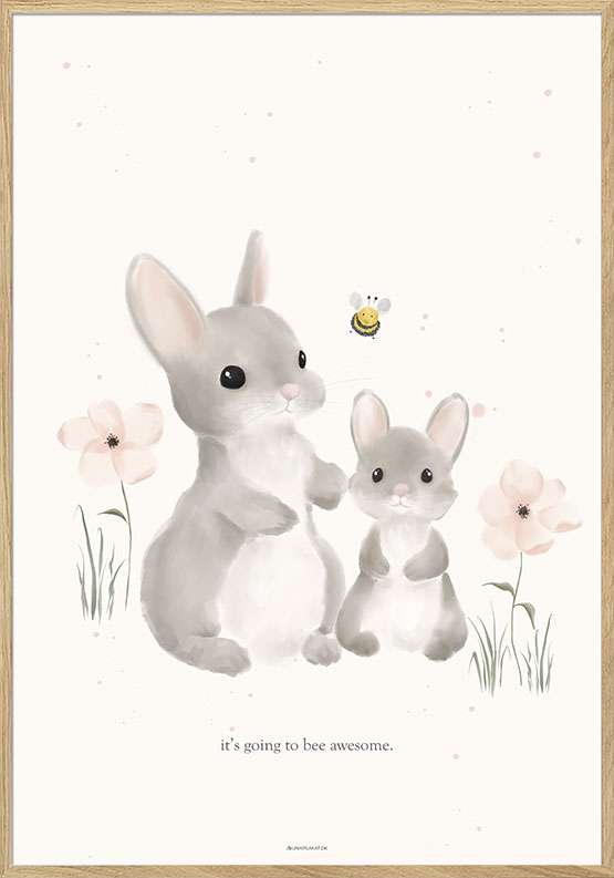 Børneplakat med akvareltegning af kaniner