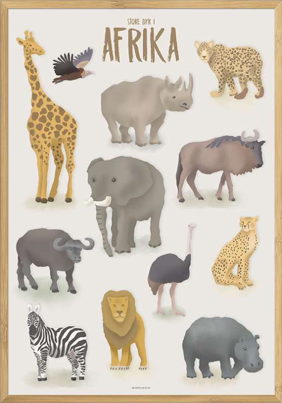 Børneplakat med 12 store dyr fra Afrika