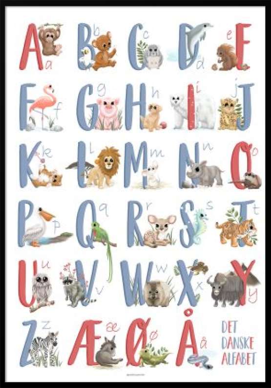 Alfabetplakat med dyr med konsonanter og vokaler