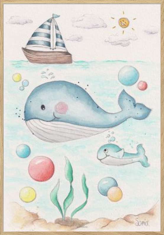 Børneplakat - Håndmalet akvarel med havet