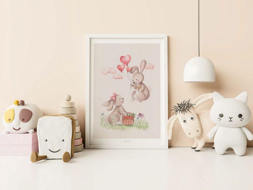 Børneplakat med kaniner - håndmalet akvarel