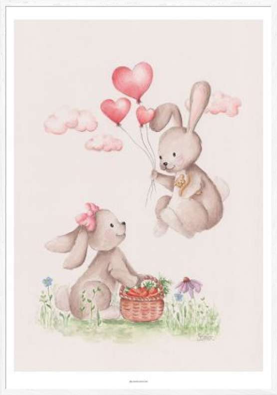 Børneplakat med kaniner - håndmalet akvarel