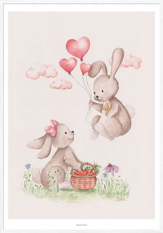 Billede af Børneplakat med kaniner - håndmalet akvarel