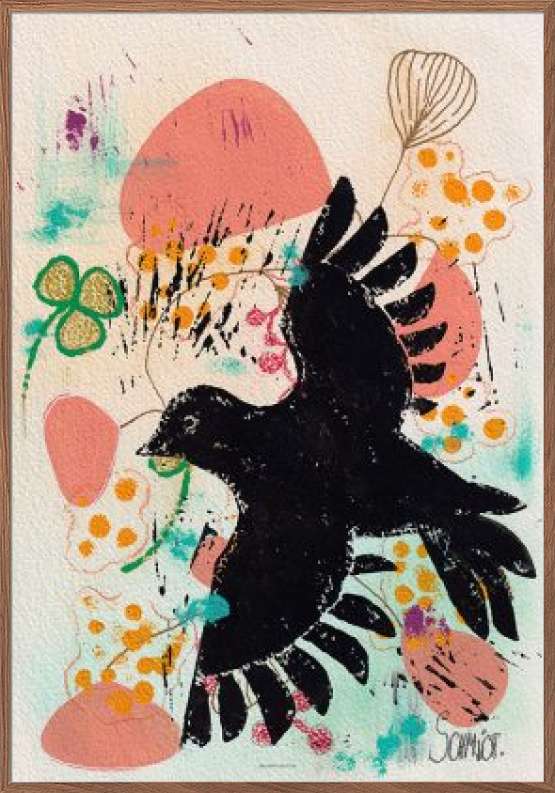 Kunstplakat med trekløver og fugl