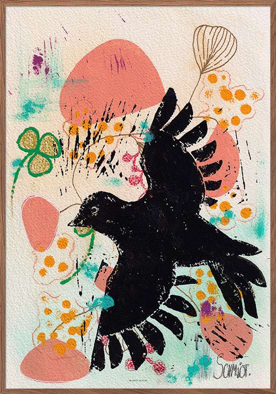 Kunstplakat med trekløver og fugl – akryl