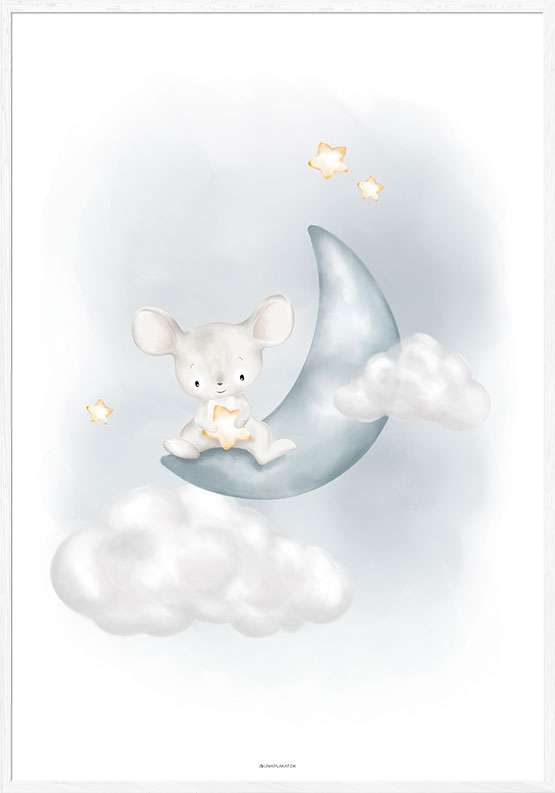 Børneplakat - lille mus på blå måne