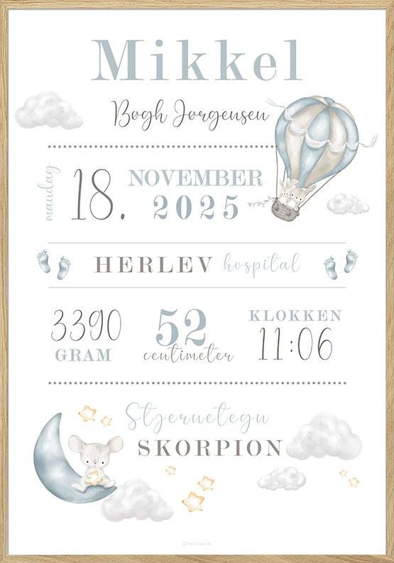 Fødselstavle plakat med himmel og luftballon til dreng
