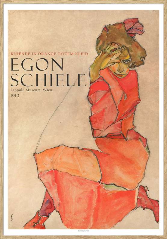 Billede af Egon Schiele - Kneeling female in orange red dress