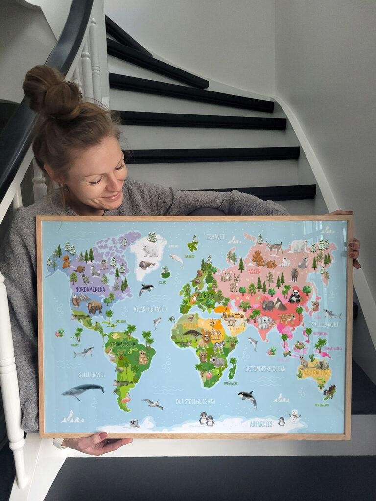 Verdenskort til børn - Plakat med dyr
