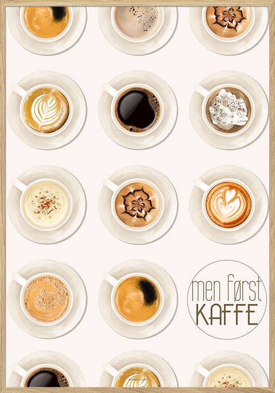 Kaffeplakat - plakater med kaffetyper og kaffekopper