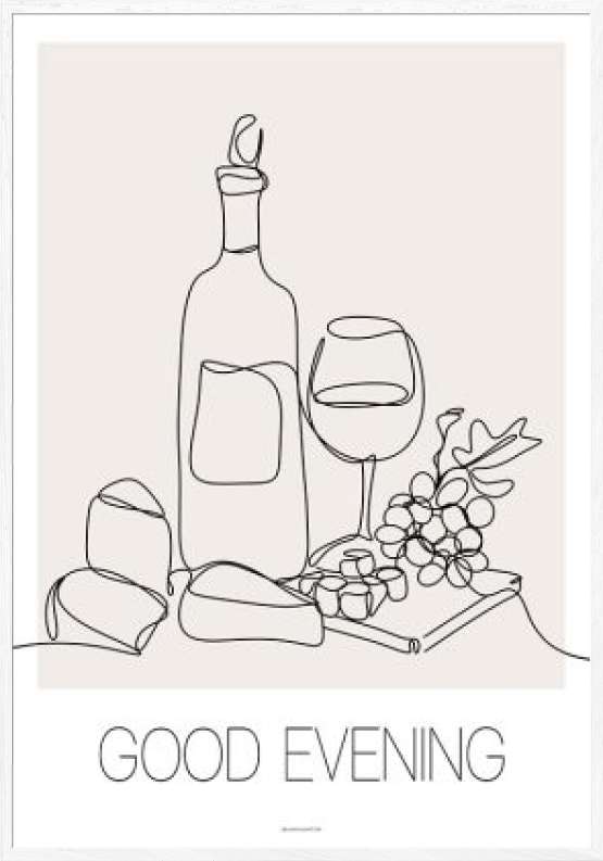 One line plakat med vin og ost - Good evening