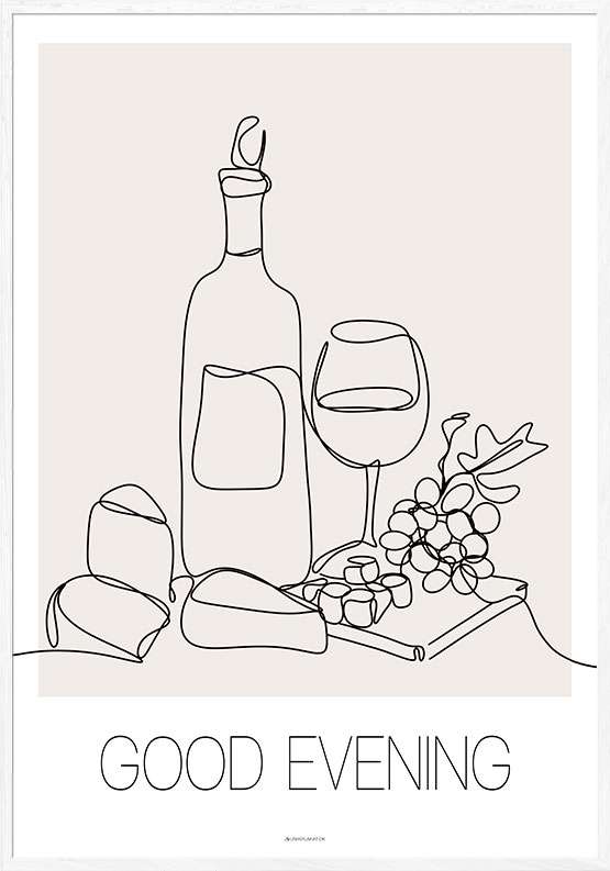 Billede af One line plakat med vin og ost - Good evening