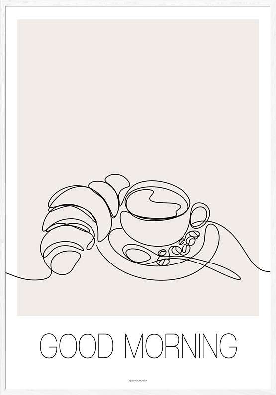 Line art plakat med kaffe og croissant – Good morning