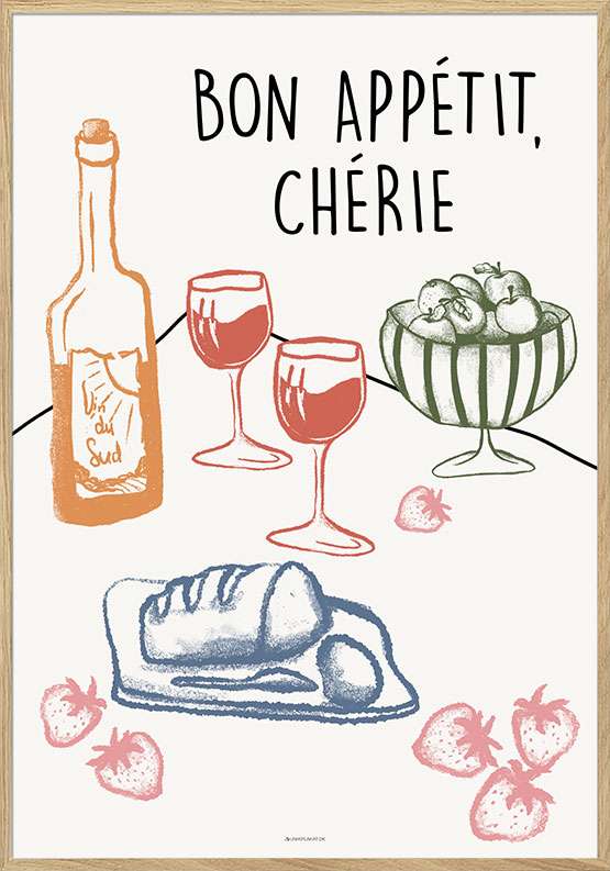 Bon appetit cherie – Festlig mad- og vinplakat