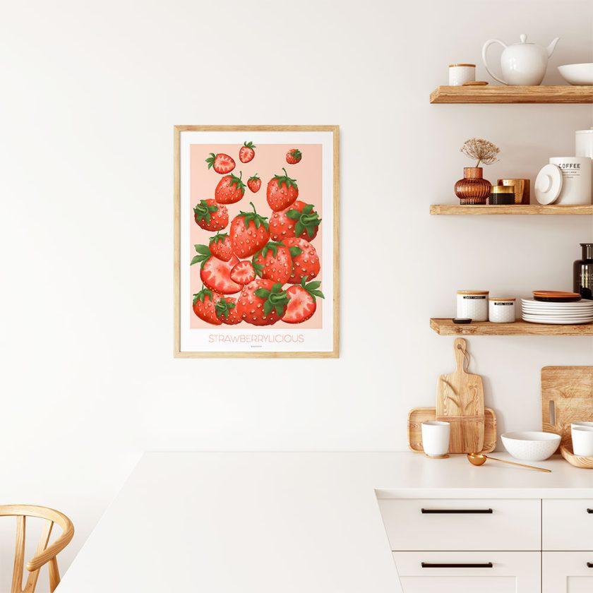 Strawberrylicious - Farverig plakat med jordbær