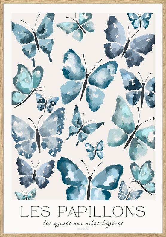 Blå plakat med sommerfugle - Les Papillons