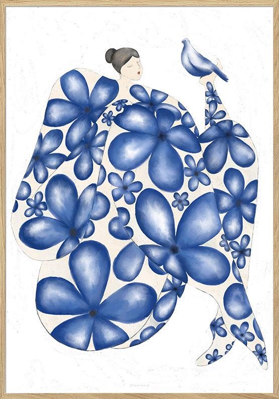 Blå plakat - Blåblomstret dame med due