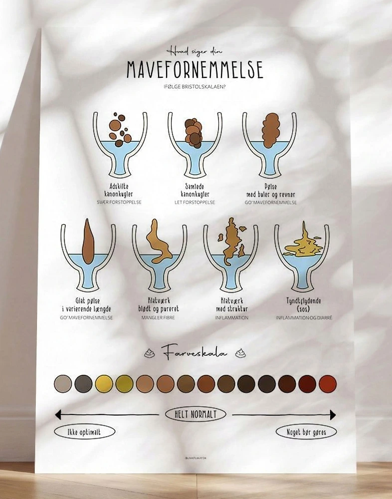 Toiletplakat med pøllefarver og -konsistenser
