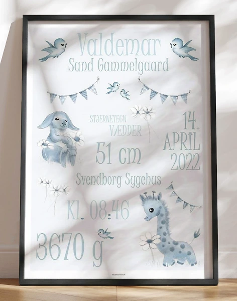 Fødselstavle med dyr til dreng