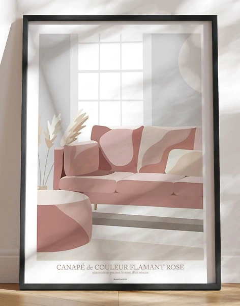 Grafisk plakat - flamingofarvet sofa