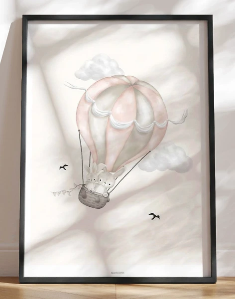 Børneplakat - søde kaniner i pink luftballon