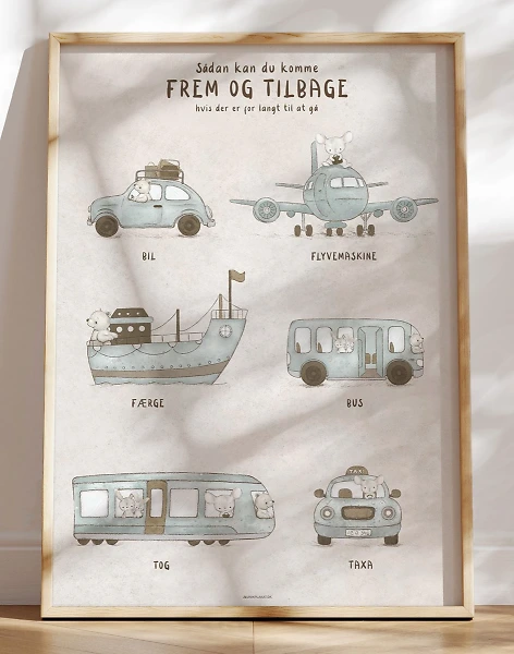 Børneplakat med transportmidler - blå