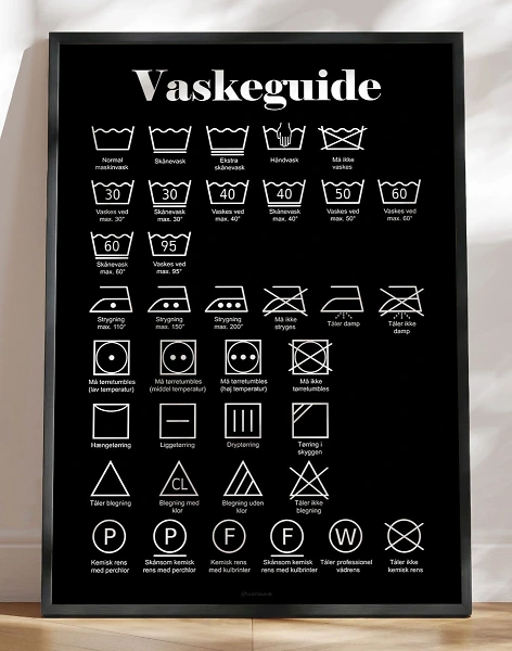 Sort vaskeplakat med vaskeanvisning og symboler
