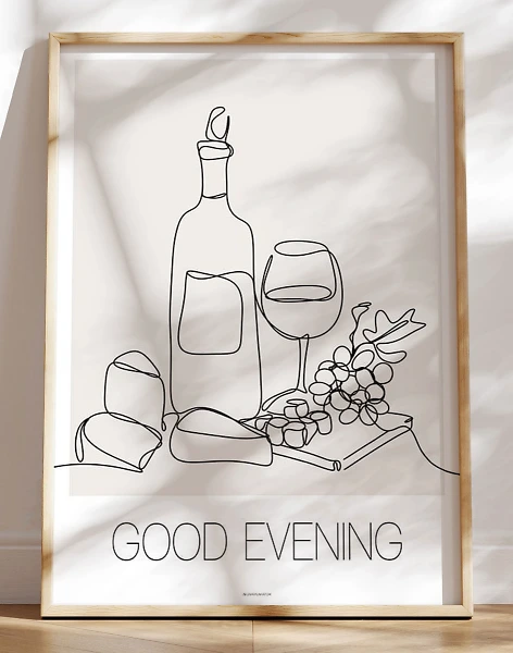 One line plakat med vin og ost - Good evening