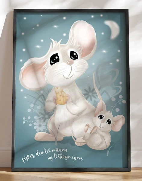 Børneplakat med musemor og hendes unge - 3 baggrundsfarver