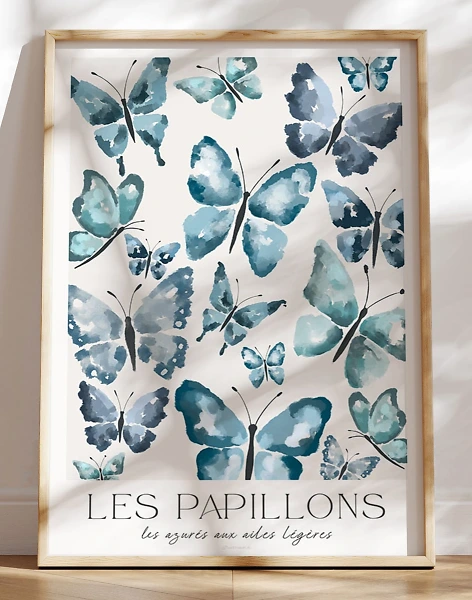 Blå plakat med sommerfugle - Les Papillons