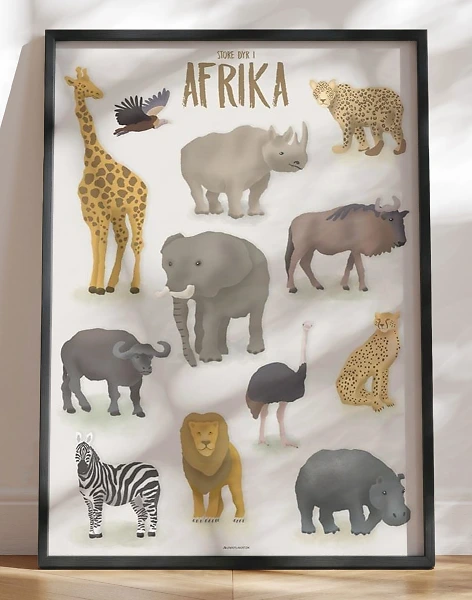Børneplakat med 12 store dyr fra Afrika