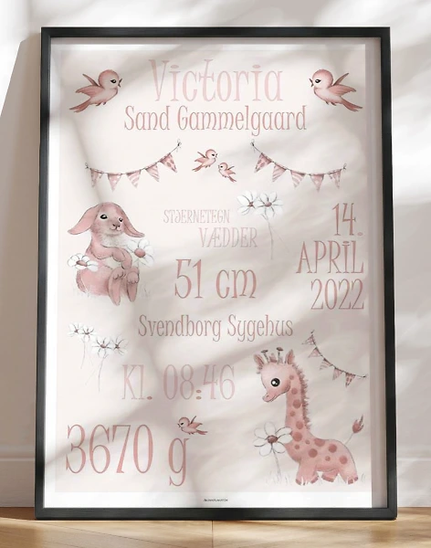Fødselstavle med dyr til pige