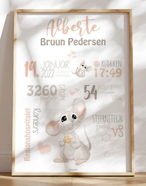 Fødselsplakat med mus til pige