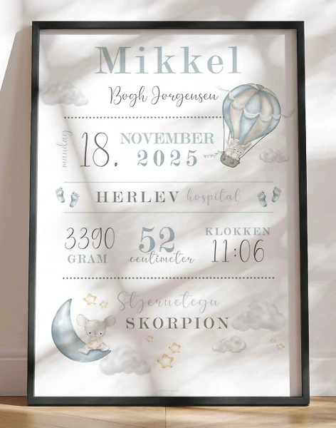 Fødselstavle plakat med himmel og luftballon til dreng